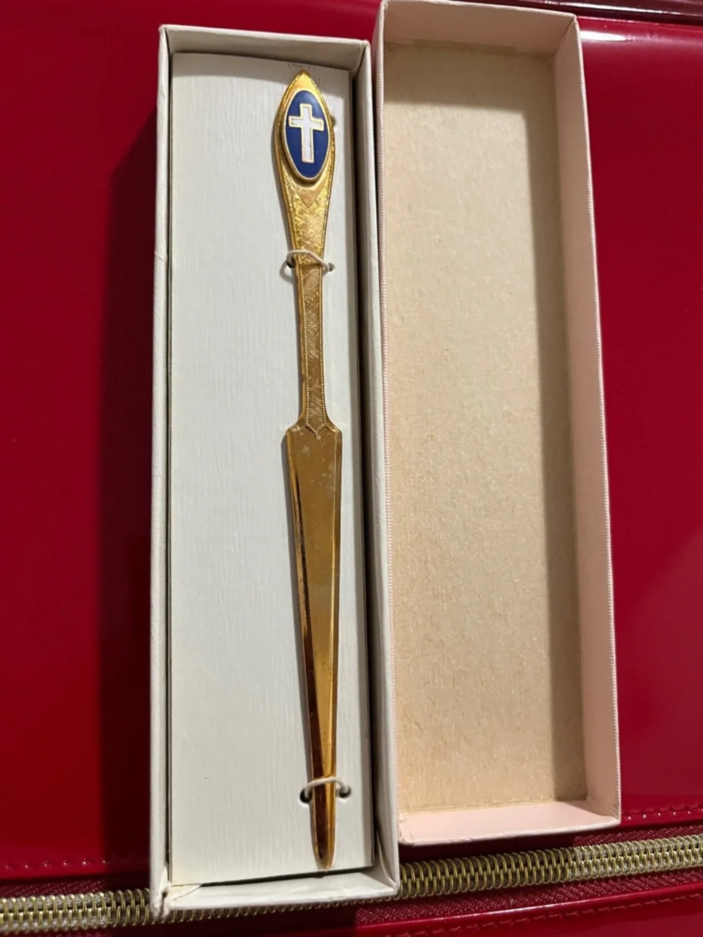 Vintage Gold Letter Opener with Blue and White Cross Emblem